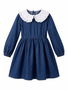 SHEIN Girls' Dark Blue Denim Tween Girl Long Sleeve Loose Fit Dress - Blue and White - View 2