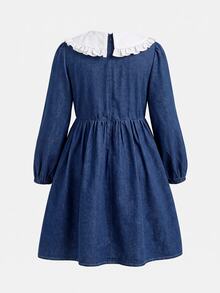SHEIN Girls' Dark Blue Denim Tween Girl Long Sleeve Loose Fit Dress - Blue and White - View 4