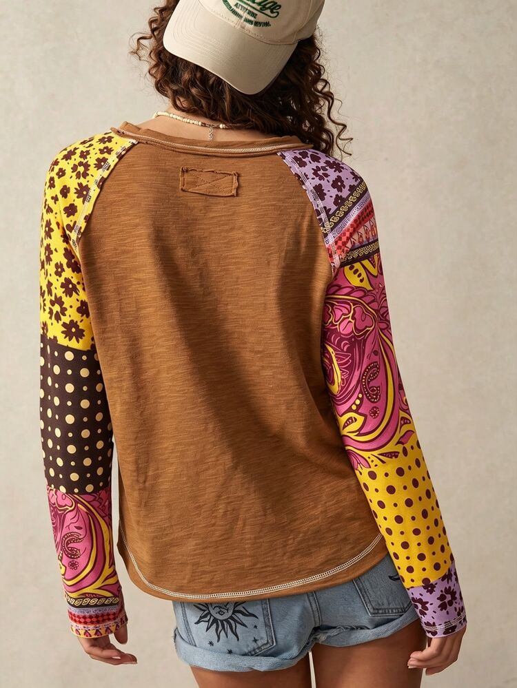 Breezaya Casual Knit Color Block Round Neck Loose Fit Long Sleeve Women Top Fall - Multicolor - View 2