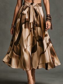 Franclia Plus Size Front Tie All-Over Allover Print Skirt, Casual Everyday Wear - Apricot - View 7
