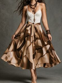 Franclia Plus Size Front Tie All-Over Allover Print Skirt, Casual Everyday Wear - Apricot - View 8