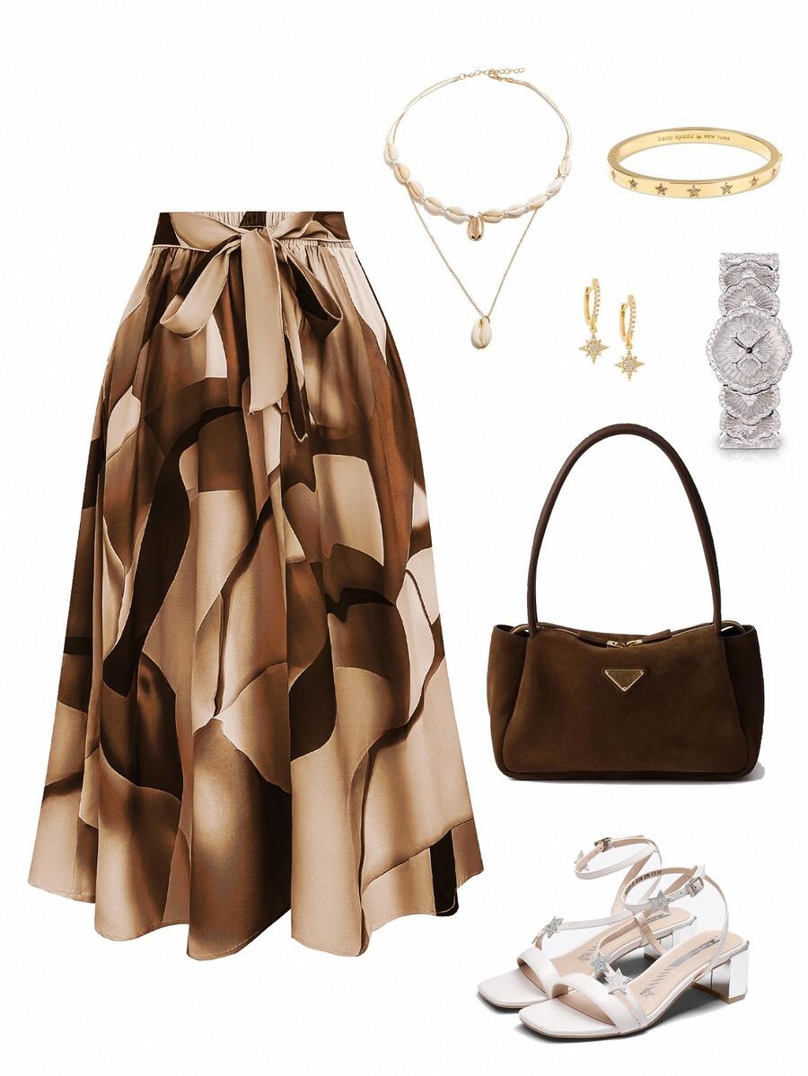 Franclia Plus Size Front Tie All-Over Allover Print Skirt, Casual Everyday Wear - Apricot - View 1