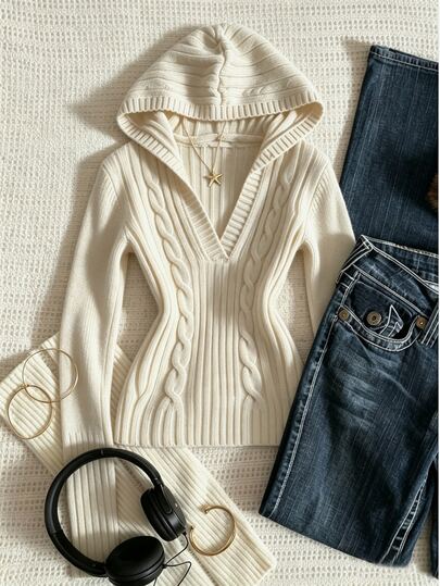Elamini New Navy Blue Hooded V-Neck Slim Fit Flattering Urban Fashion Commute Retro Minimalist Cable Knit Sweater For Women
