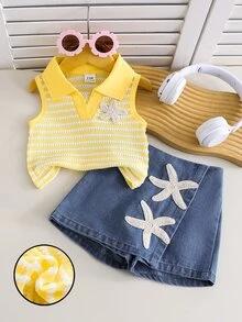 SHEIN Playful Pals 2件組夏季馬卡龍黃海軍藍針織布料翻領拼接海星裝飾背心 + 牛仔裙褲，復古可愛女嬰服裝套裝 - 黃色 - 查看 4