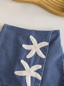 SHEIN Playful Pals 2件組夏季馬卡龍黃海軍藍針織布料翻領拼接海星裝飾背心 + 牛仔裙褲，復古可愛女嬰服裝套裝 - 黃色 - 查看 8