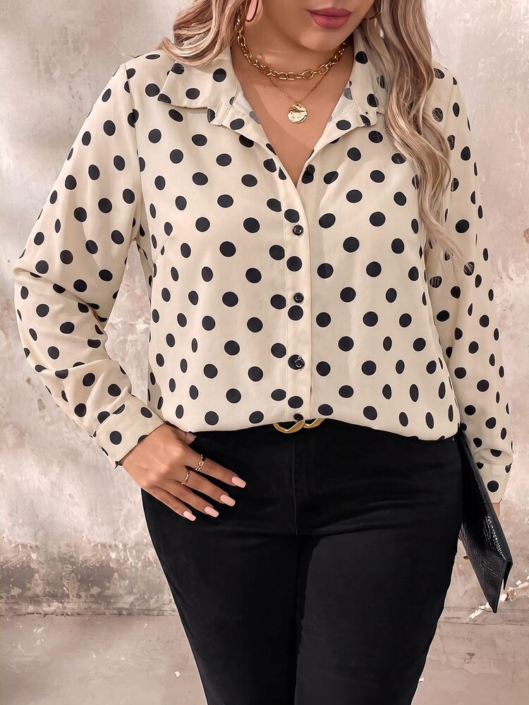 EMERY ROSE Plus Polka Dot Print Button Up Shirt Fall - Multicolor - View 6