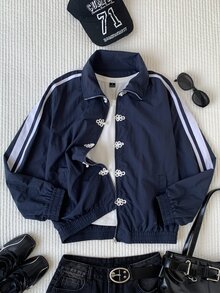 Comfortcana Jaket Panjang Motif Kotak-kotak Kancing Ukuran Besar untuk Musim Gugur, Jaket Olahraga Vintage Western Cowboy 1920, Jaket Tipis Longgar untuk Klub Musim Gugur, Acara Keluar Kantor, Guru, Warna Biru Tua - Navy Blue - View 6