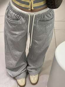 Comfortcana Plus Size Women's Colorblock Drawstring Waist Pocket Loose Sweatpants - Light Grey - View 11