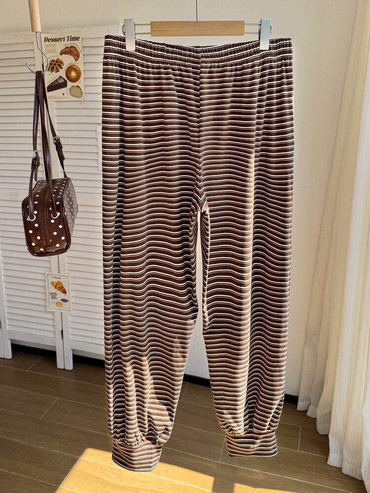 Comfortcana Plus Size Comfortable Soft Plush Retro Casual Cowboy Back To School Season Striped Knit Sweatpants Formal Office Date Night Blue Summer - Black - View 2