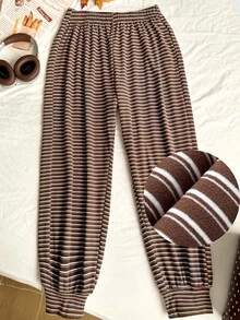 Comfortcana 大尺碼舒適柔軟毛絨復古休閒牛仔風返校季條紋針織運動長褲 正式辦公約會之夜 藍色夏季 - 黑色 - 查看 9