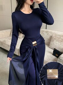 Modelyn Women's Round Neck Metal Decor Casual Daily Long Sleeve Jumpsuit - Royal Blue - View 6