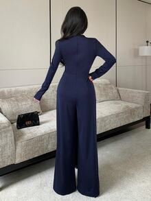 Modelyn Women's Round Neck Metal Decor Casual Daily Long Sleeve Jumpsuit - Royal Blue - View 7