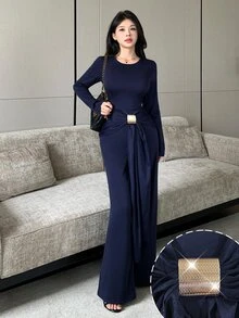 Modelyn Women's Round Neck Metal Decor Casual Daily Long Sleeve Jumpsuit - Royal Blue - View 4