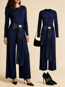 Modelyn Women's Round Neck Metal Decor Casual Daily Long Sleeve Jumpsuit - Royal Blue - View 8