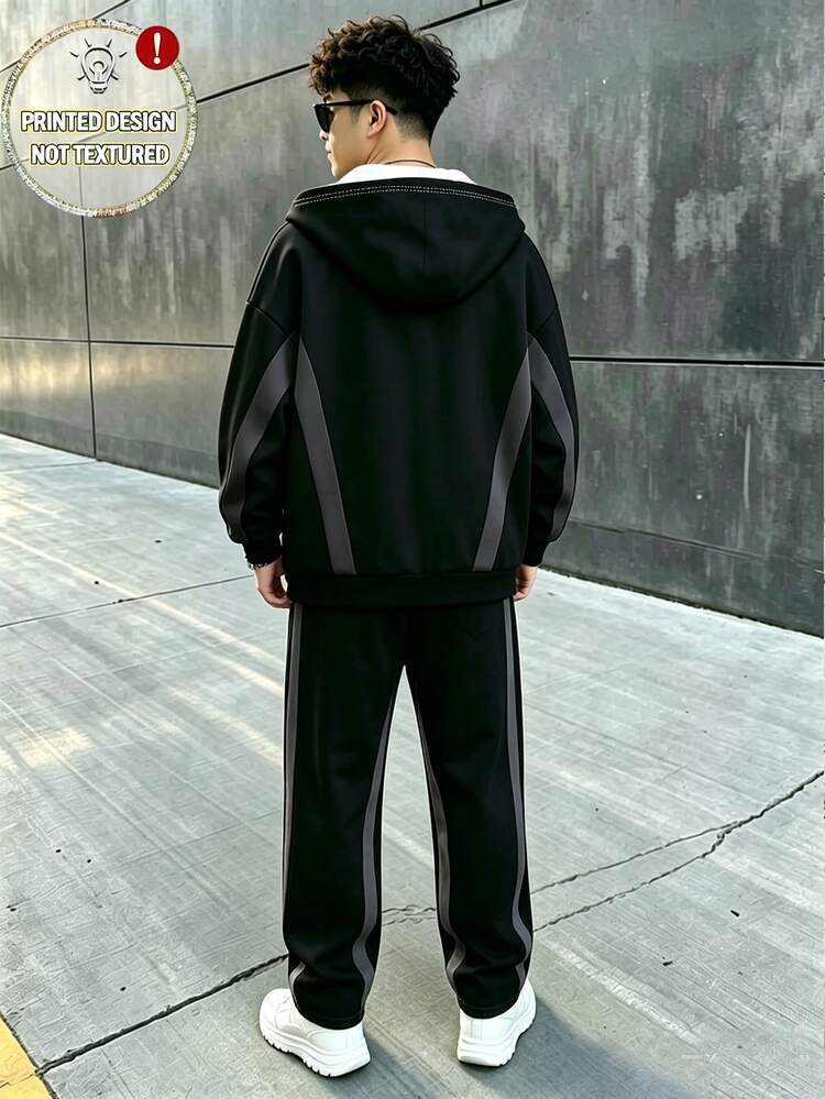 Tween Boys Jacket Outerwear Casual Black Grey Patchwork Loose Hooded Long Sleeve Ribbed Back To School Autumn Street Cool Style - Multicolor - View 2