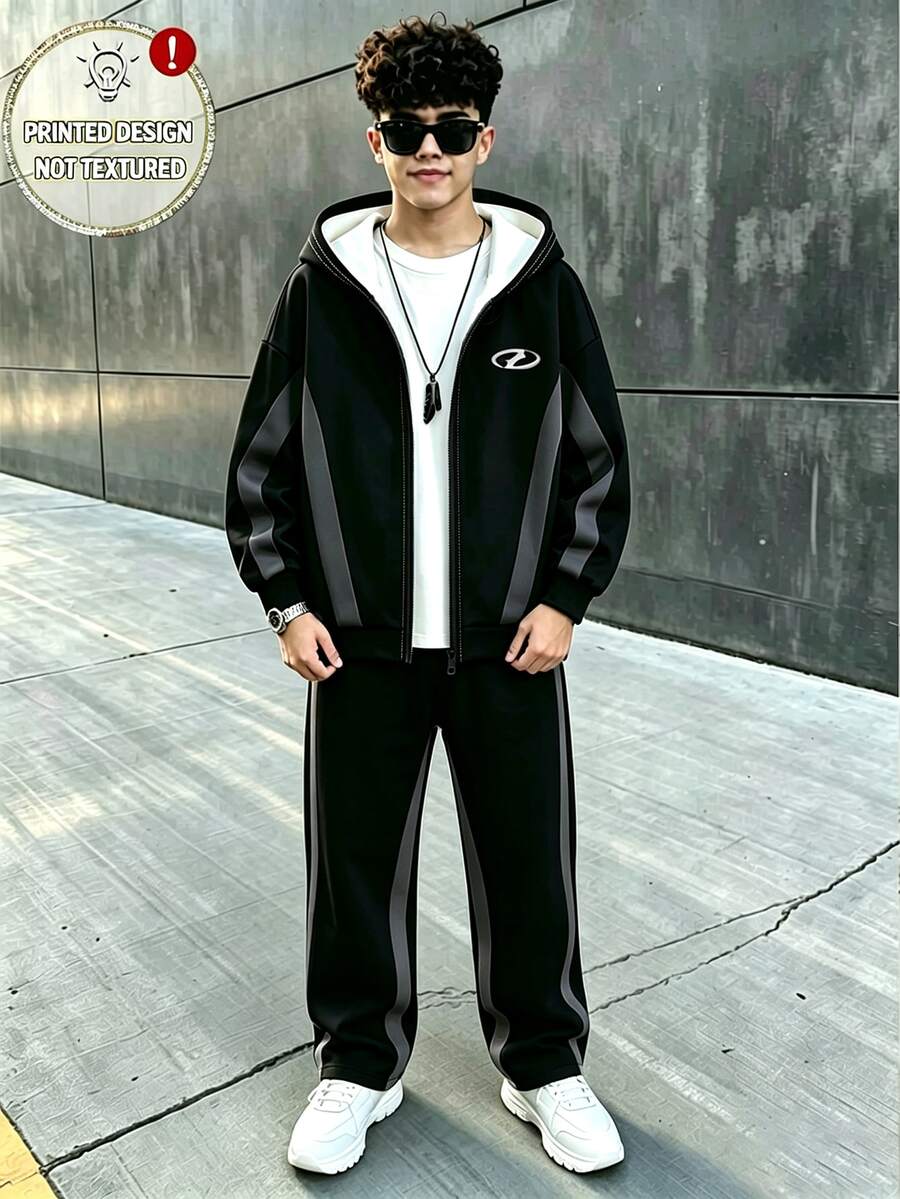 Tween Boys Jacket Outerwear Casual Streetwear Racing Black Grey Patchwork Loose Hooded Long Sleeve Ribbed Back To School Autumn Cool Style Graduation - Multicolor - View 1
