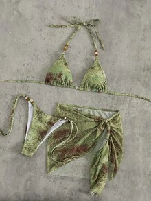 Swim Vcay 3pcs/Set Green Micro Triangle Beaded Ruched Mini Skirt, Casual Beach Vacation Bikini Swimwear, Spring/Summer - Green - View 3