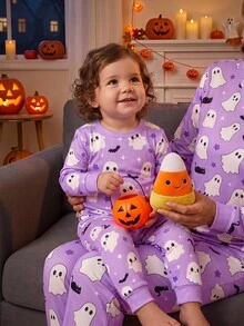 SHEIN Baby Girl Halloween Pattern Glow-In-The-Dark Cute Cartoon Ghost Print Fitted Loungewear - Dusty Purple - View 1