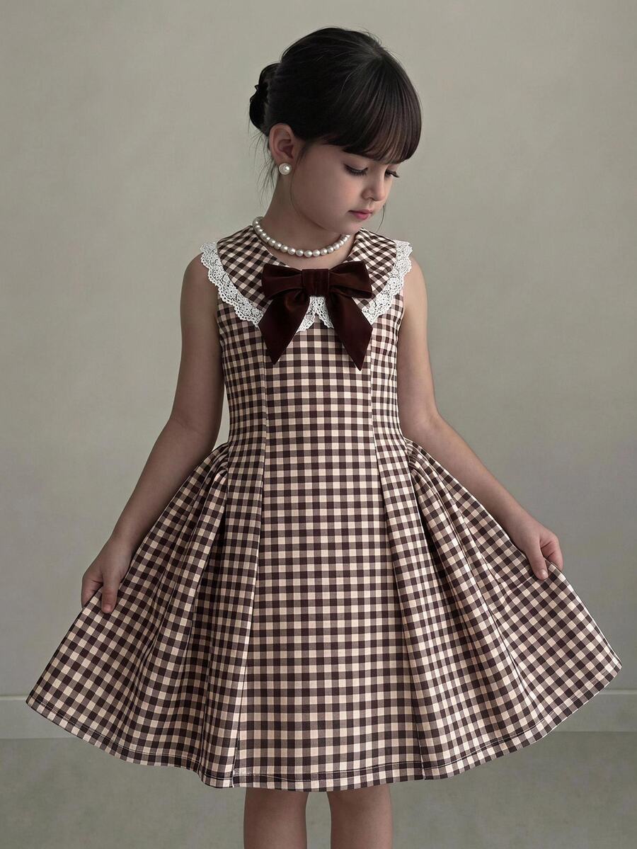 SHEIN Young Girl Woven Plaid Ruffle Hem Casual Sleeveless Dress Back-To-School - Multicolor - View 1