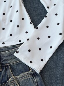 SHEIN 兒童青少年女孩法式方領長袖上衣，黑白波點印花，修身短版上衣，春秋內搭層 - 白色 - 查看 5