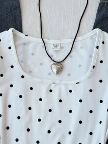 SHEIN 兒童青少年女孩法式方領長袖上衣，黑白波點印花，修身短版上衣，春秋內搭層 - 白色 - 查看 4