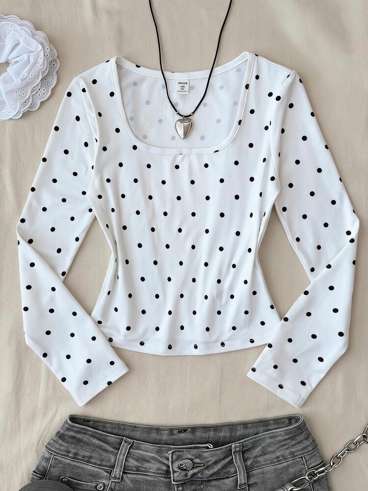 SHEIN Kids Tween Girl French Square Neck Long Sleeve Top, Black And White Polka Dot Print, Slim Fit Cropped Top, Spring/Autumn Inner Layer - White - View 6