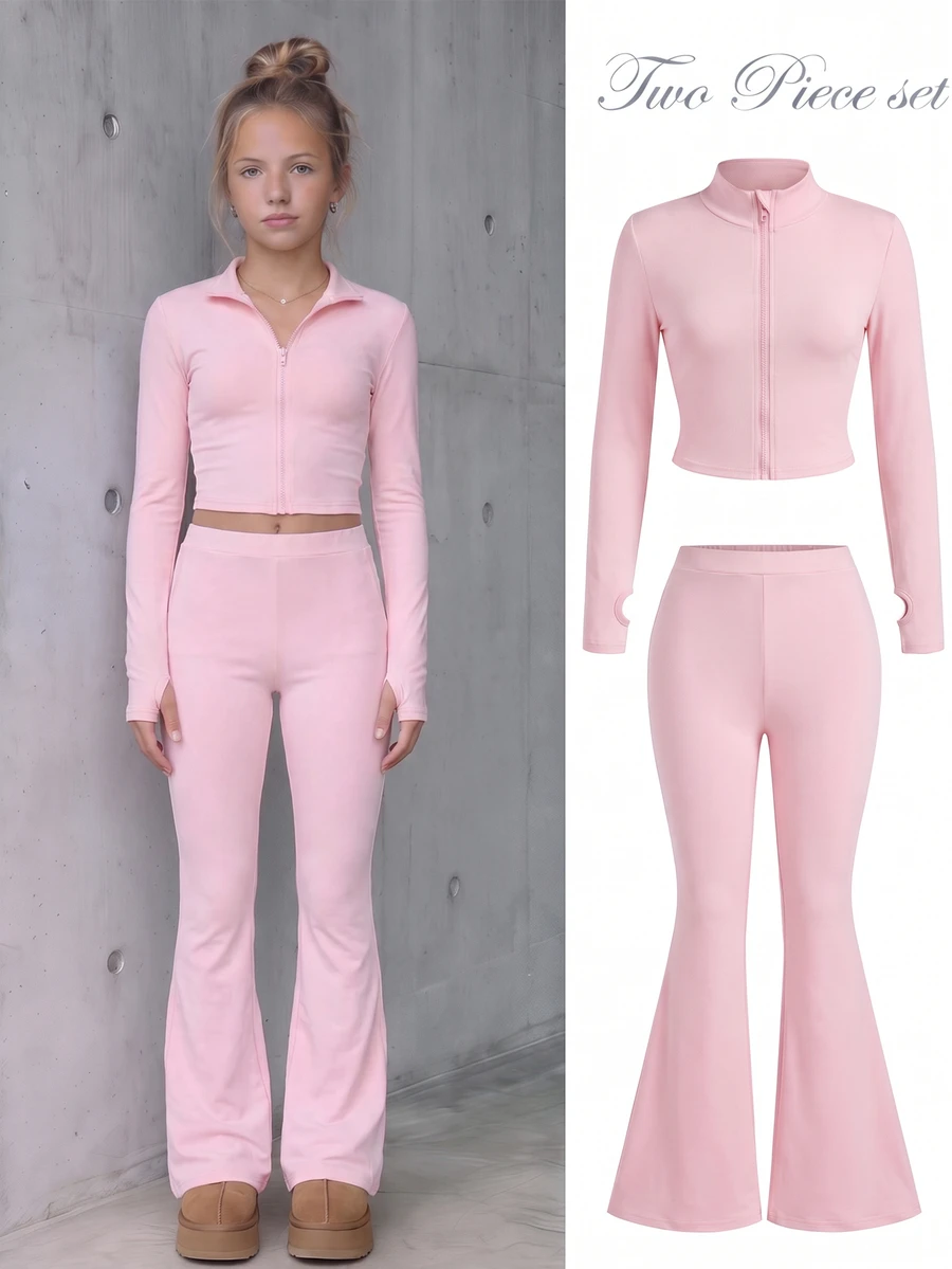 SHEIN Girlism Tween Girl NovaGlow Tween Girl Sporty Casual Daily Knit Solid Color Jacket And Flared Pants Set - Pink - View 1