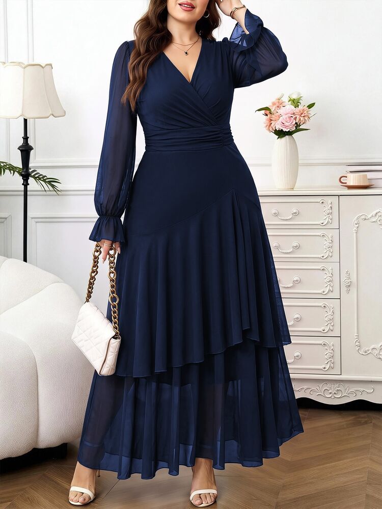 SHEIN Clasi New Plus Size Women's Fashion Printed Ruffle Wave Hem High Elastic Cinched Waist Concealing Long Dress, Autumn Dress, Pleated Dress - Navy Blue - View 1