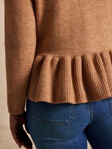 Écloséra Curve Plus Size Women's Single-Breasted Waist Gathered Hemline Ruffle Edge Knit Texture Long Sleeve Cardigan Autumn Formal Office Brown Casual Elegant - Camel - View 5