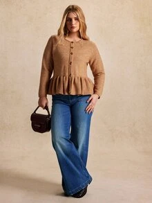 Écloséra Curve Plus Size Women's Single-Breasted Waist Gathered Hemline Ruffle Edge Knit Texture Long Sleeve Cardigan Autumn Formal Office Brown Casual Elegant - Camel - View 6