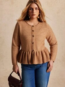 Écloséra Curve Plus Size Women's Single-Breasted Waist Gathered Hemline Ruffle Edge Knit Texture Long Sleeve Cardigan Autumn Formal Office Brown Casual Elegant - Camel - View 7