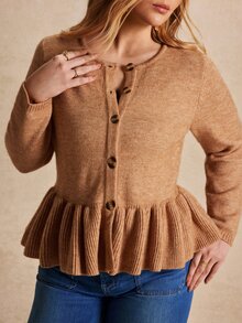 Écloséra Curve Plus Size Women's Single-Breasted Waist Gathered Hemline Ruffle Edge Knit Texture Long Sleeve Cardigan Autumn Formal Office Brown Casual Elegant - Camel - View 3