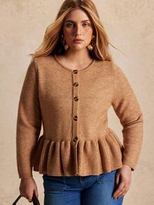 Écloséra Curve Plus Size Women's Single-Breasted Waist Gathered Hemline Ruffle Edge Knit Texture Long Sleeve Cardigan Autumn Formal Office Brown Casual Elegant - Camel - View 1