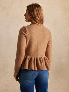 Écloséra Curve Plus Size Women's Single-Breasted Waist Gathered Hemline Ruffle Edge Knit Texture Long Sleeve Cardigan Autumn Formal Office Brown Casual Elegant - Camel - View 2