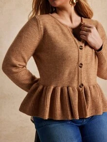 Écloséra Curve Plus Size Women's Single-Breasted Waist Gathered Hemline Ruffle Edge Knit Texture Long Sleeve Cardigan Autumn Formal Office Brown Casual Elegant - Camel - View 4
