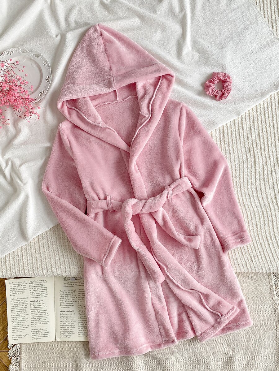 Girls' Pink Fresh Flannel Hooded Robe With Tie, Long Sleeve Comfortable Casual Loungewear - Pink - View 1