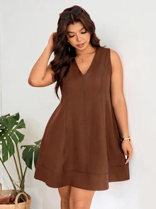 Lounesse Women's Plus Size V-Neck Sleeveless Navy Blue Dress - Brown - View 1