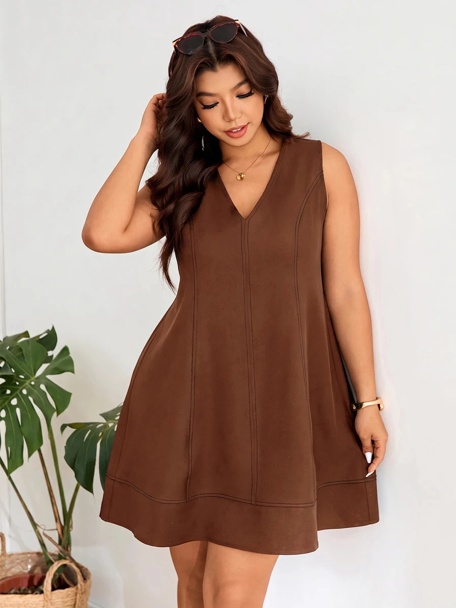 Lounesse Women's Plus Size V-Neck Sleeveless Navy Blue Dress - Brown - View 1