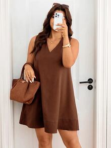 Lounesse Women's Plus Size V-Neck Sleeveless Navy Blue Dress - Brown - View 6