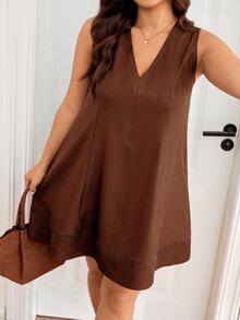 Lounesse Women's Plus Size V-Neck Sleeveless Navy Blue Dress - Brown - View 5