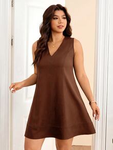 Lounesse Women's Plus Size V-Neck Sleeveless Navy Blue Dress - Brown - View 3