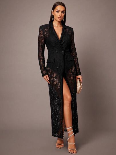 Silquee Women's Lace Patchwork Fashion Versatile Long Blazer Autumn Outfit For Women Women's Formal Wear Office Outfits For Women Work Wear Women
