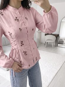 Solavon 女款花卉刺繡長袖側腰綁帶單排扣襯衫 - 粉色 - 查看 5