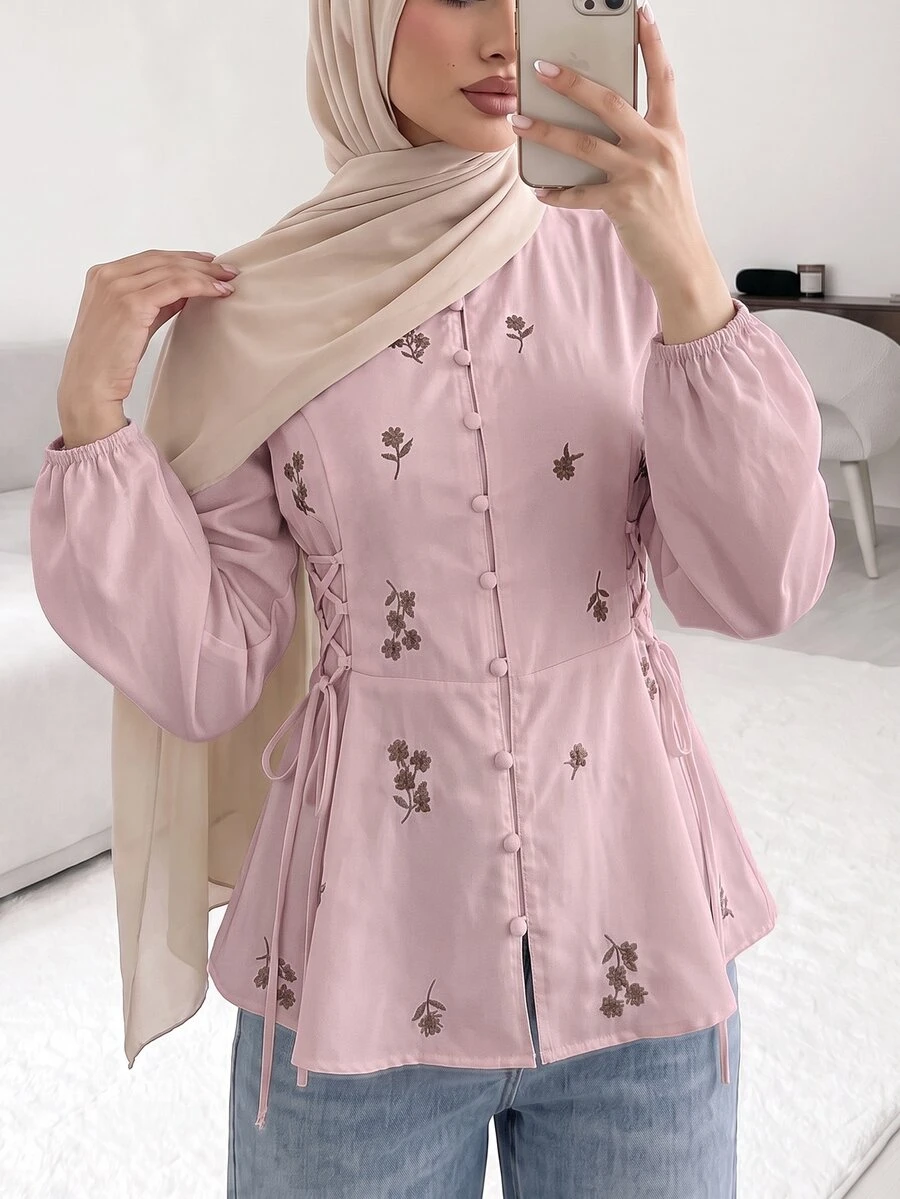 Solavon 女款花卉刺繡長袖側腰綁帶單排扣襯衫 - 粉色 - 查看 1