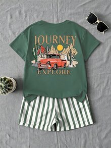 SHEIN Playful Pals 2件組 男童休閒時尚舒適口號與汽車印花圓領落肩上衣及條紋印花短褲，適合春/夏、戶外玩耍、日常百搭，夏季男童2件套 - 綠色 - 查看 3