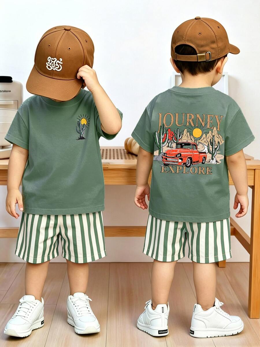 SHEIN Playful Pals 2件組 男童休閒時尚舒適口號與汽車印花圓領落肩上衣及條紋印花短褲，適合春/夏、戶外玩耍、日常百搭，夏季男童2件套