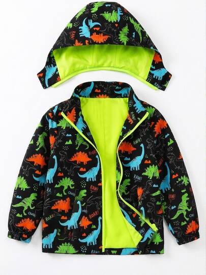 SHEIN Boys' Street Casual Neon Dinosaur Print Hooded Jacket (1pc), Suitable For Travel, School, Daily Gatherings, Outings, Streetwear, Parties, Home, Back To School, Birthdays, Baby Showers And Holiday Parties, Suitable For Autumn/Winter Wear