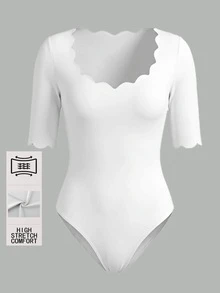 SHEIN BASICS Women's Solid Color Fitted Versatile Daily Wear Bodysuit - White - View 3