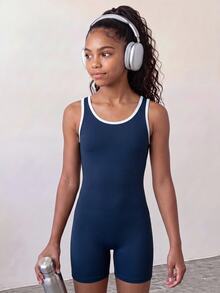 SHEIN Tween女孩深藍色無袖針織連身褲，對比飾邊高彈力修身連體衣單車褲，適合瑜伽健身運動戶外跑步排球網球舞蹈休閒時尚訓練運動裝，適用於健身房 - 藏蓝色 - 查看 6