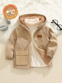 SHEIN 小男孩休閒寬鬆連帽牛仔夾克加厚外套 純黑色 百搭 適合運動、學校、春秋冬季 - 卡其色 - 查看 3